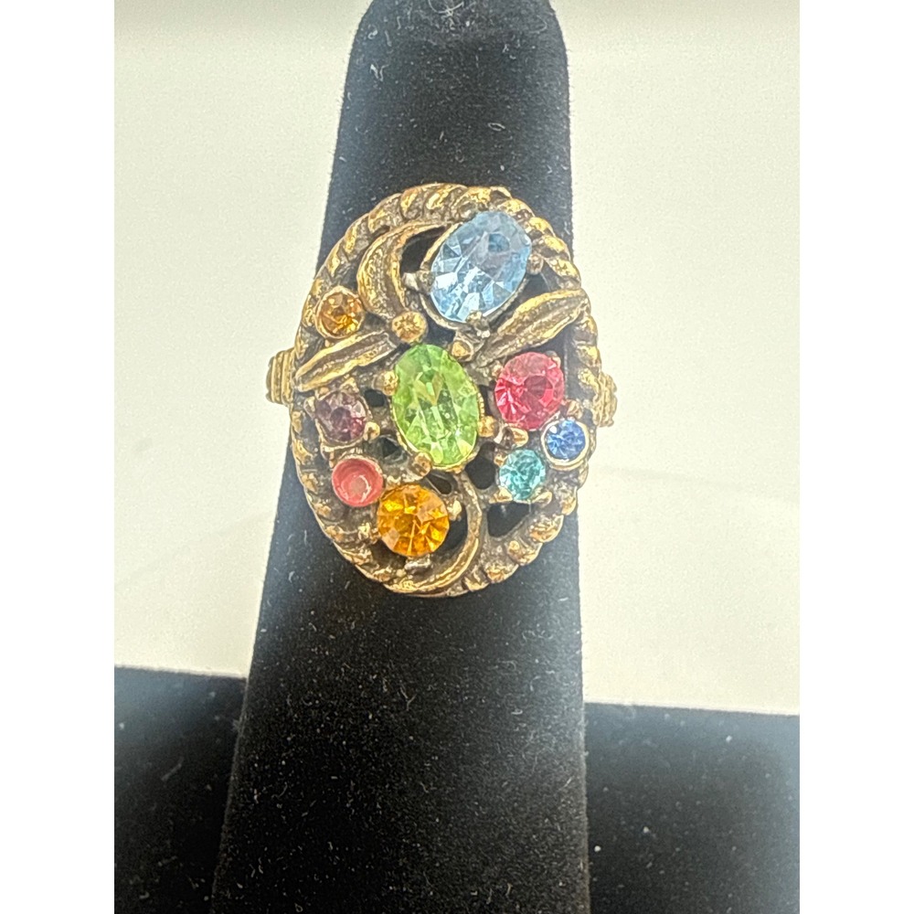 Vintage Multi Color Rhinestone Cocktail Ring Antique Gold Tone Boho Size 8